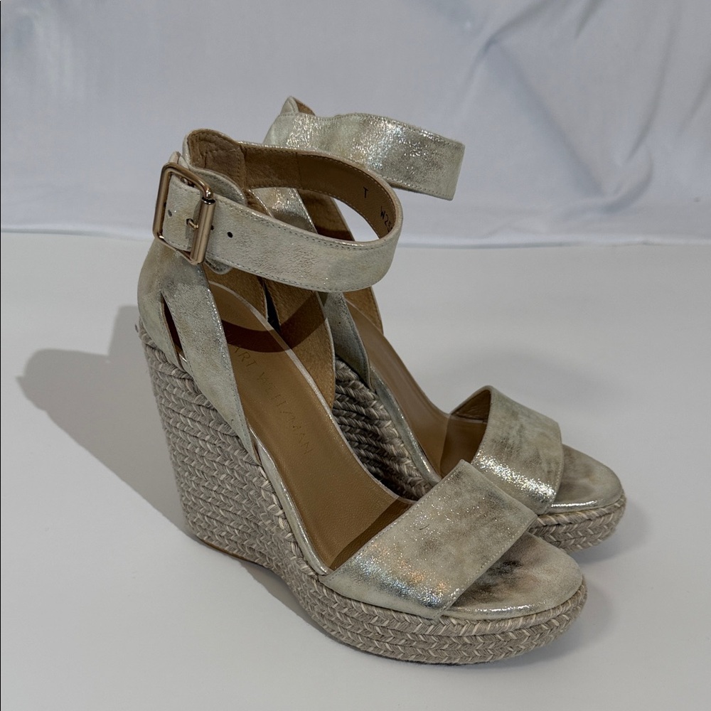 Stuart Weitzman Mostly Platform Wedge Sandal Size 6 Gold Espadrille